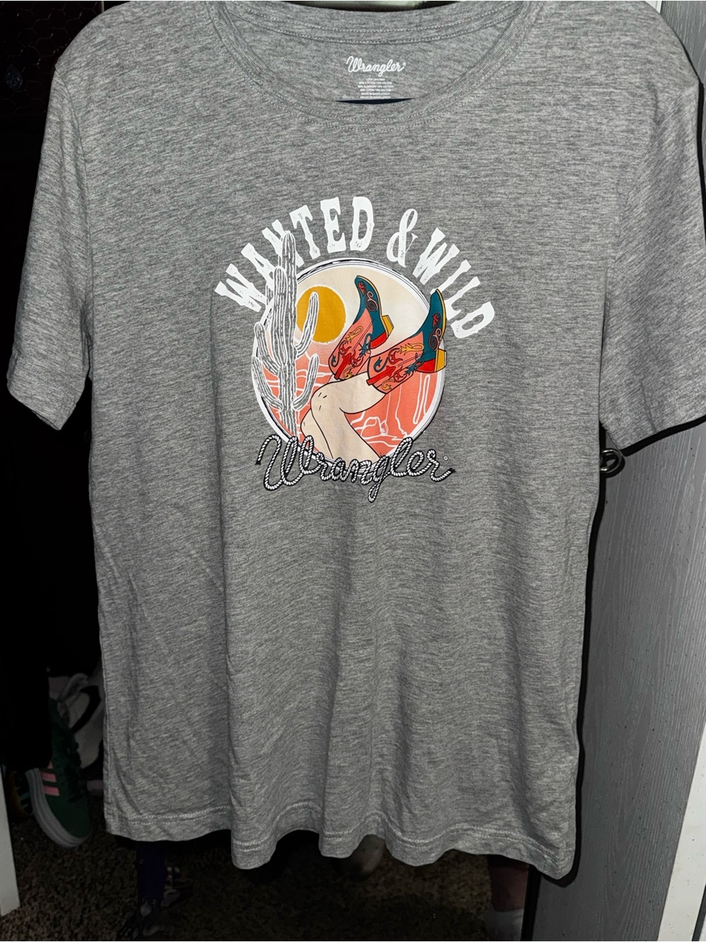 Wrangler Women's Gray 'Wanted & Wild' Graphic Tee with Multicolor Print